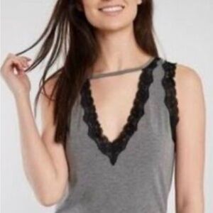 🌸. Gray Sleeveless bodysuit Top with Black Lace Trim